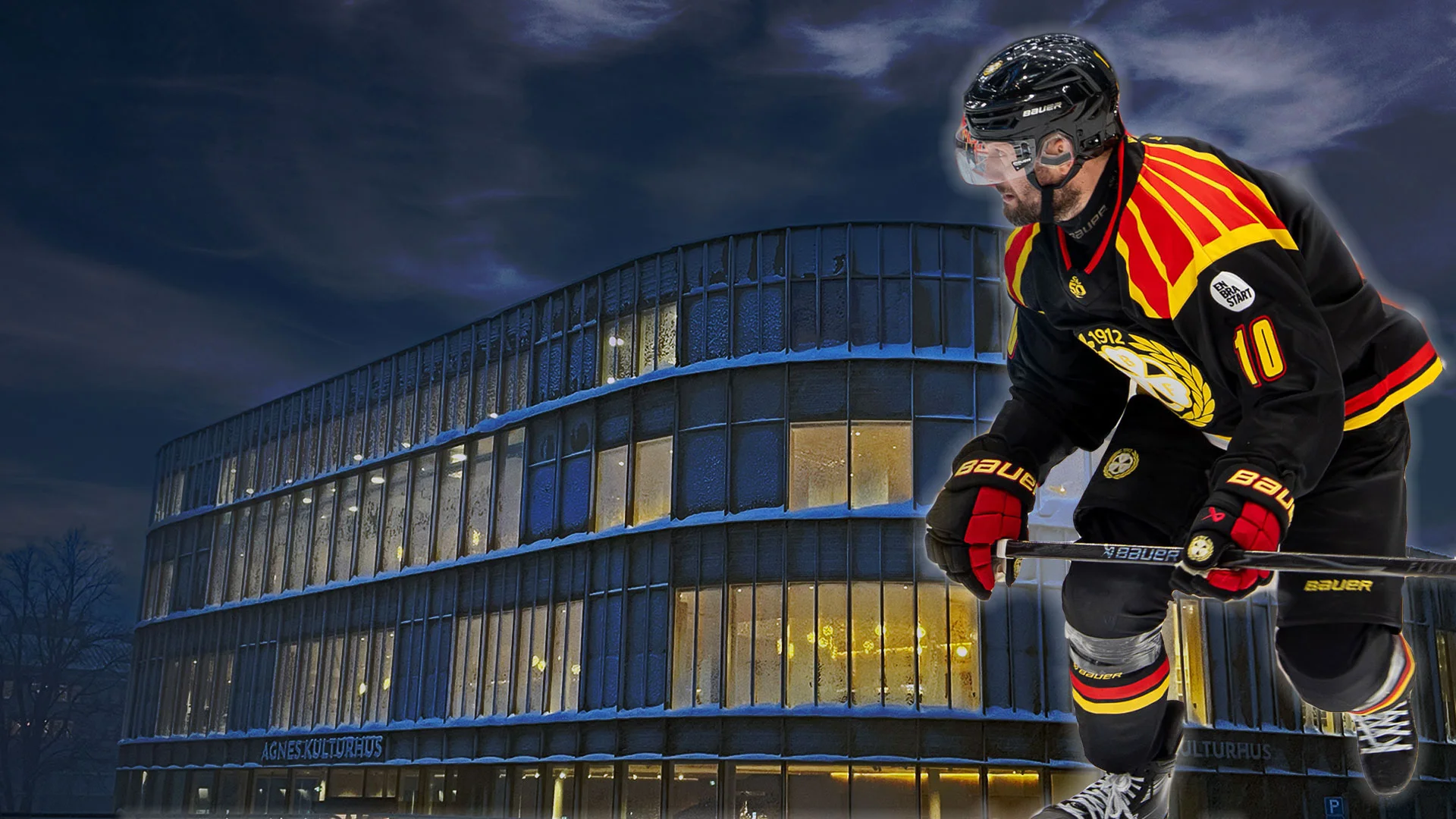 Låna hockeybiljetter på Agnes Kulturhus och stadsbiblioteket. Foto Agnes Kulturhus: Emil Alstermark, Foto hockeyspelare av Brynäs IF