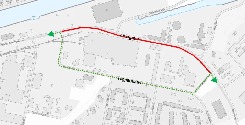 Karta som visar avstängd väg och hur trafiken leds om