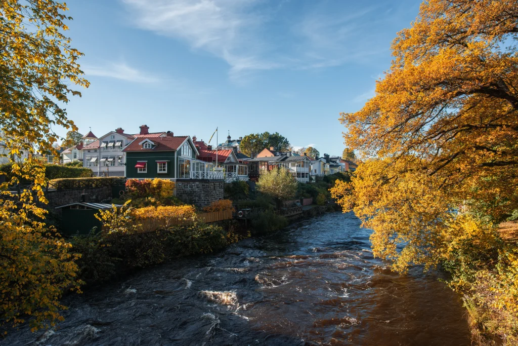 villor vid en å på hösten.