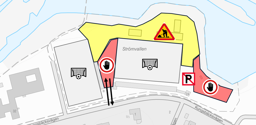 Karta över Strömvallen med arbetsområde och avstpärrat område